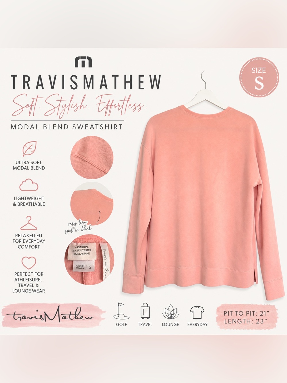 Travis Mathew Pink Modal Blend Pullover Sweatshirt Size S